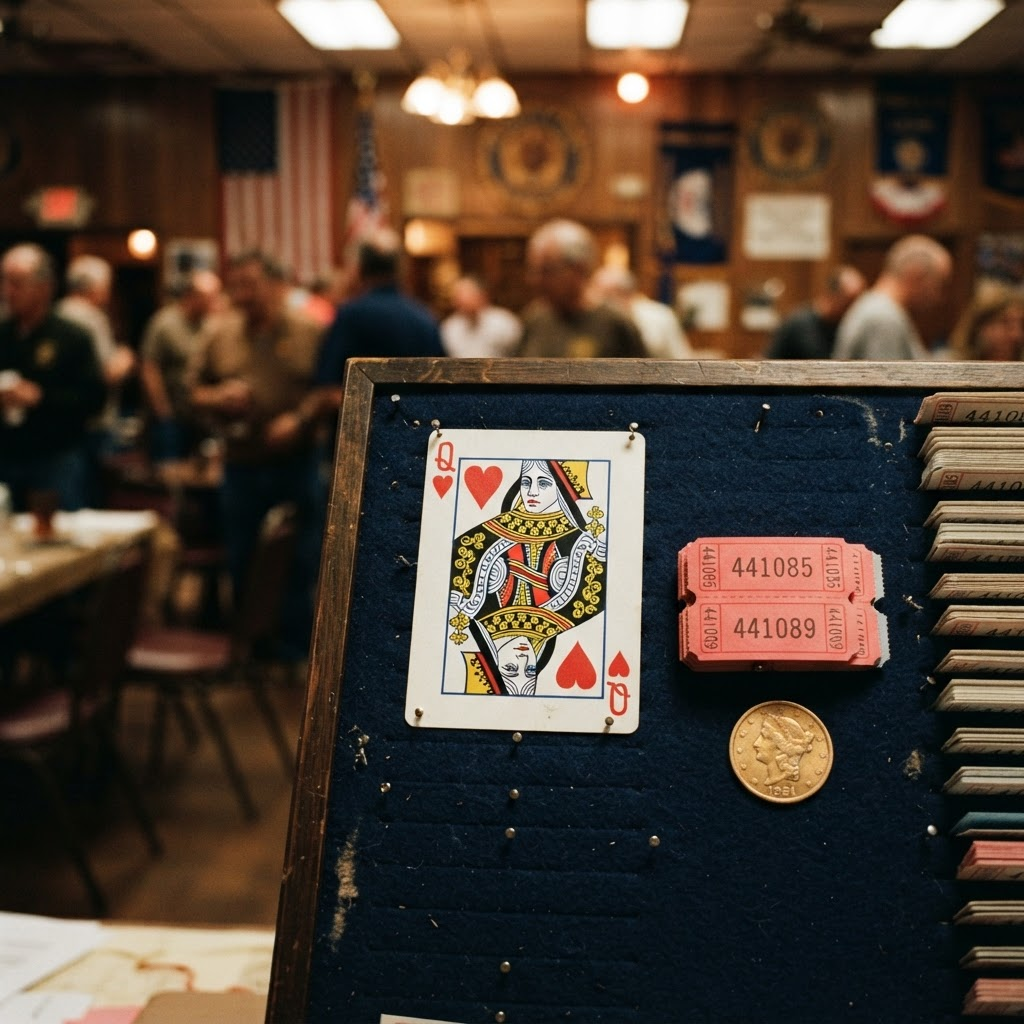 Queen of Hearts playing card on a raffle board with red tickets